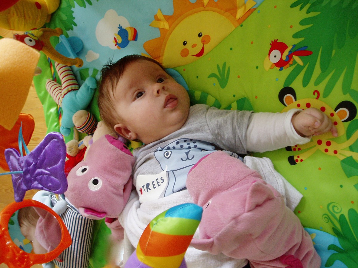 Carl wird von den Schweinen auf der bunten Decke bespielt.